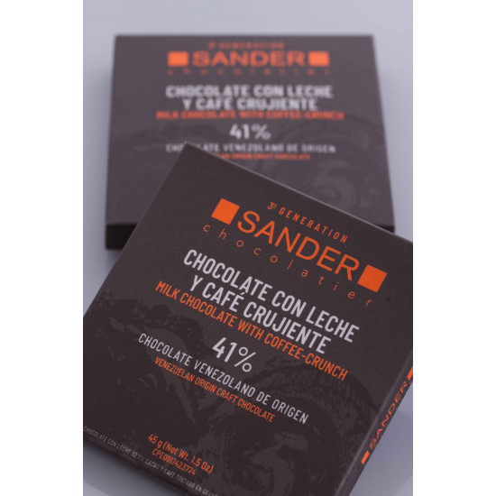 Barra de chocolate con leche al 41% y café crujiente de Sander Chocolatier 90g Barra de chocolate con leche al 41% y café crujiente de Sander Chocolatier 90g
